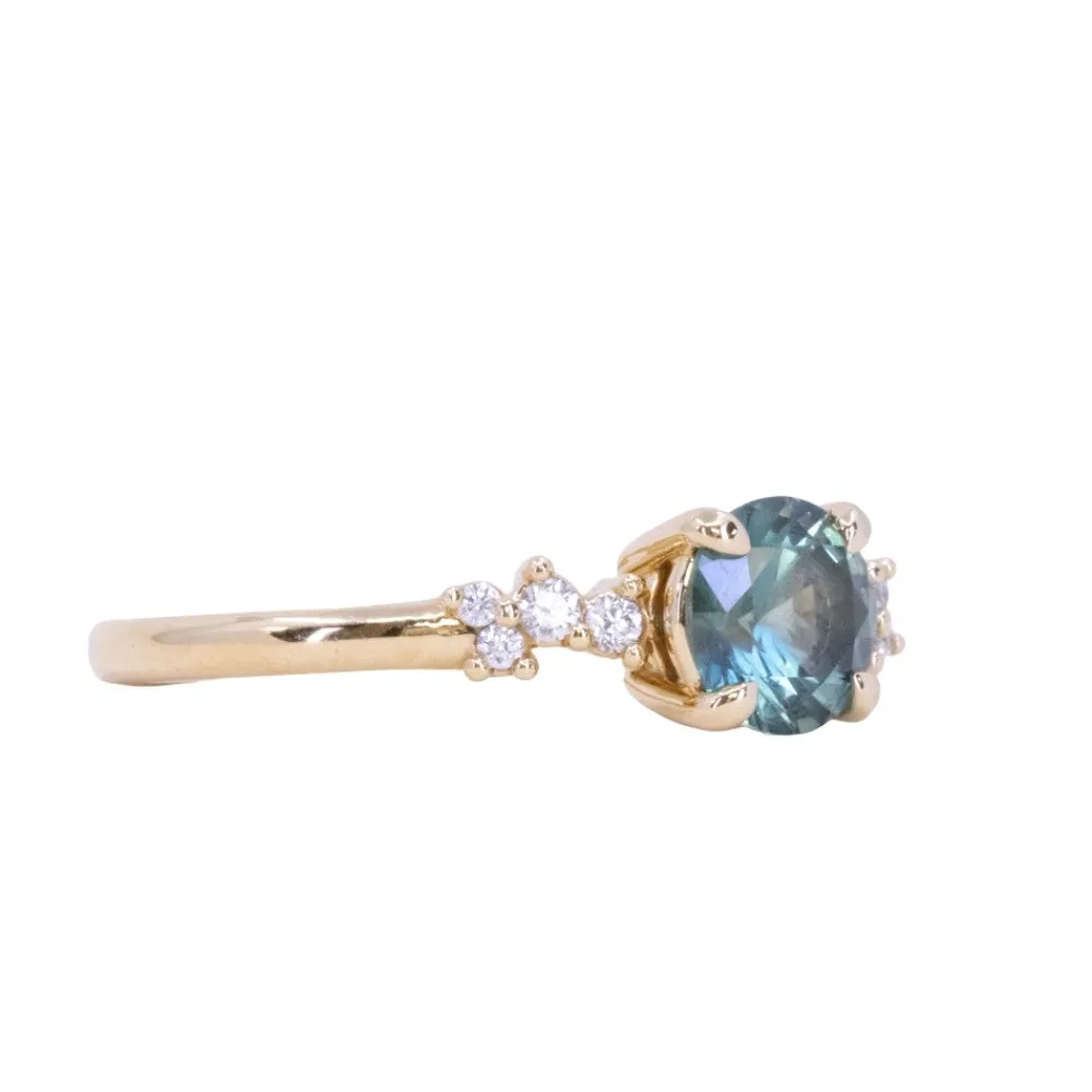 0.98ct Round Teal Blue Untreated Montana Sapphire and Diamond Starry Night Low Profile Solitaire in 14k Yellow Gold