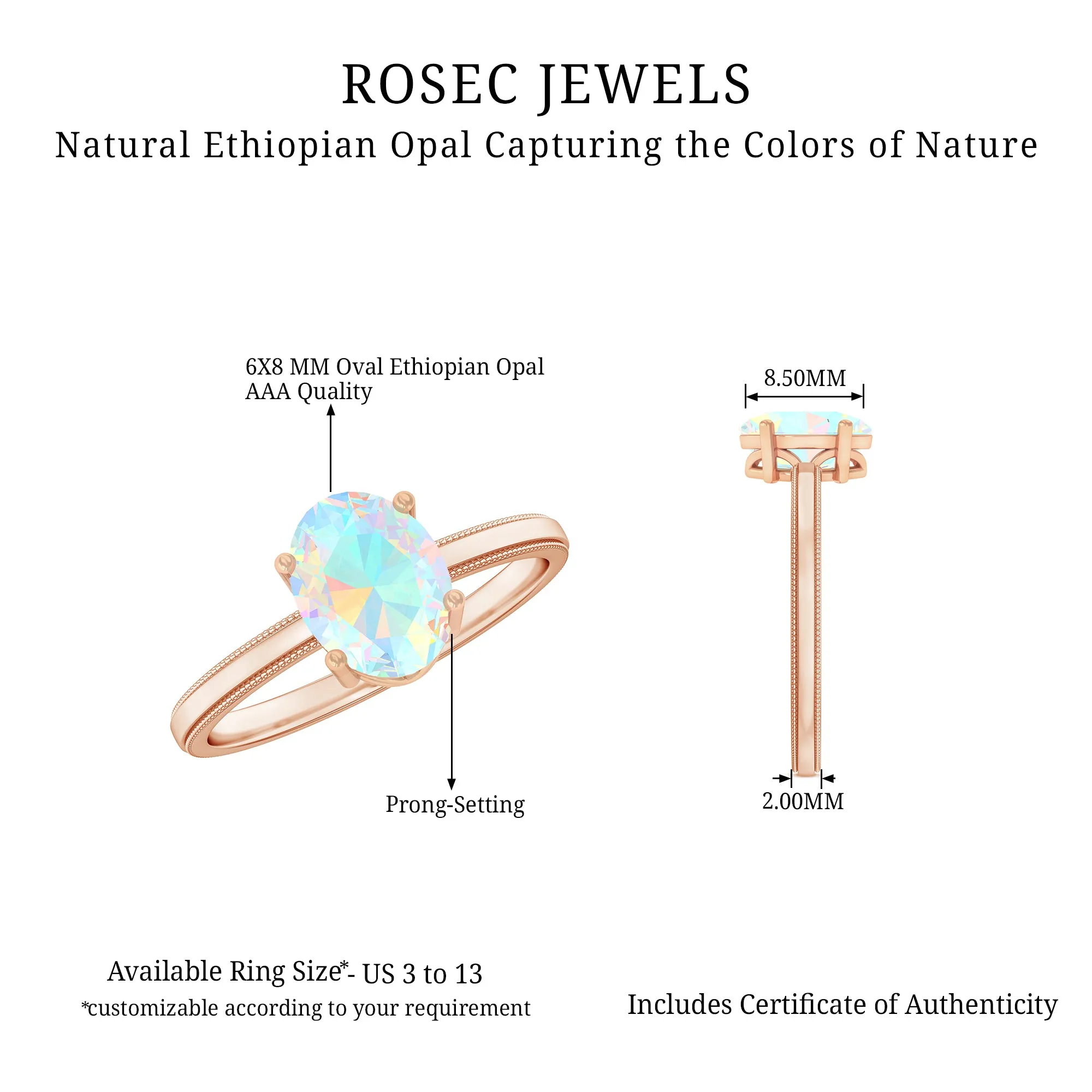 1 CT Bezel Set Oval Ethiopian Opal Solitaire Ring with Beaded Gold