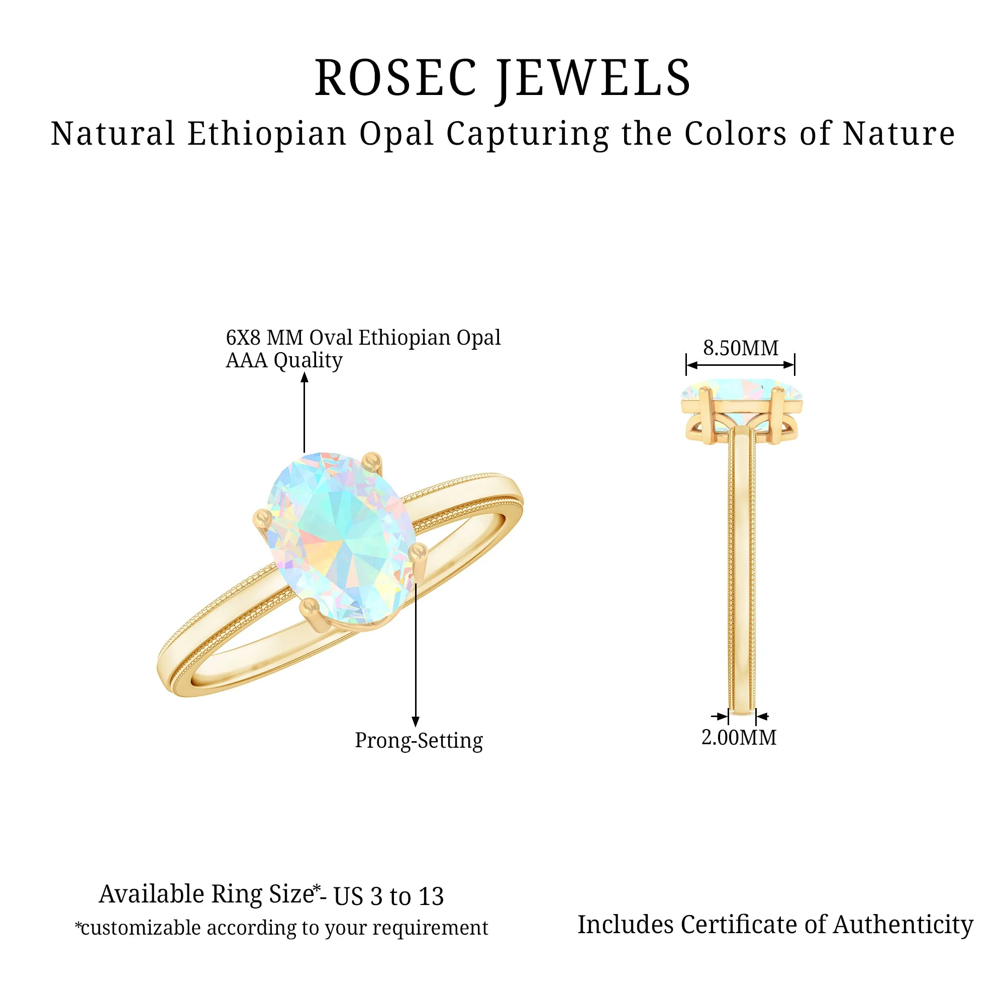 1 CT Bezel Set Oval Ethiopian Opal Solitaire Ring with Beaded Gold