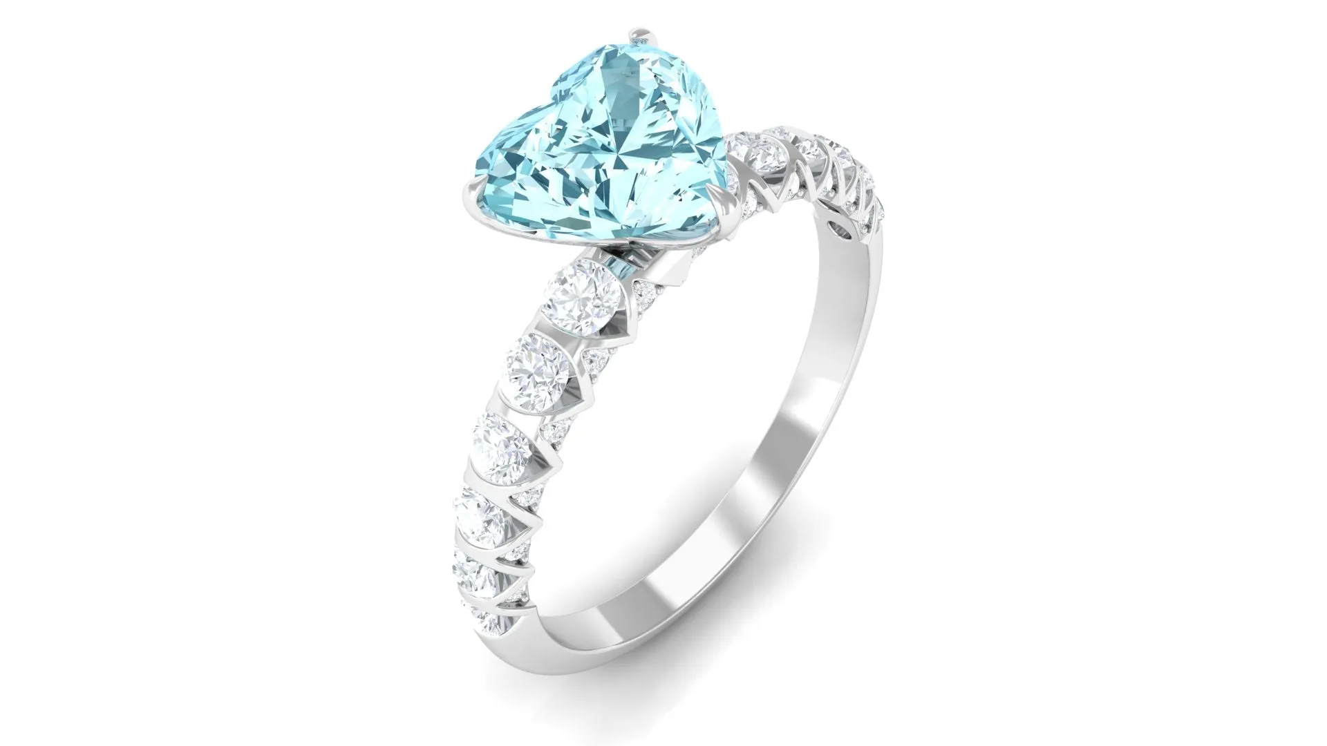 1 CT Claw Set Heart Shape Aquamarine and Diamond Engagement Ring