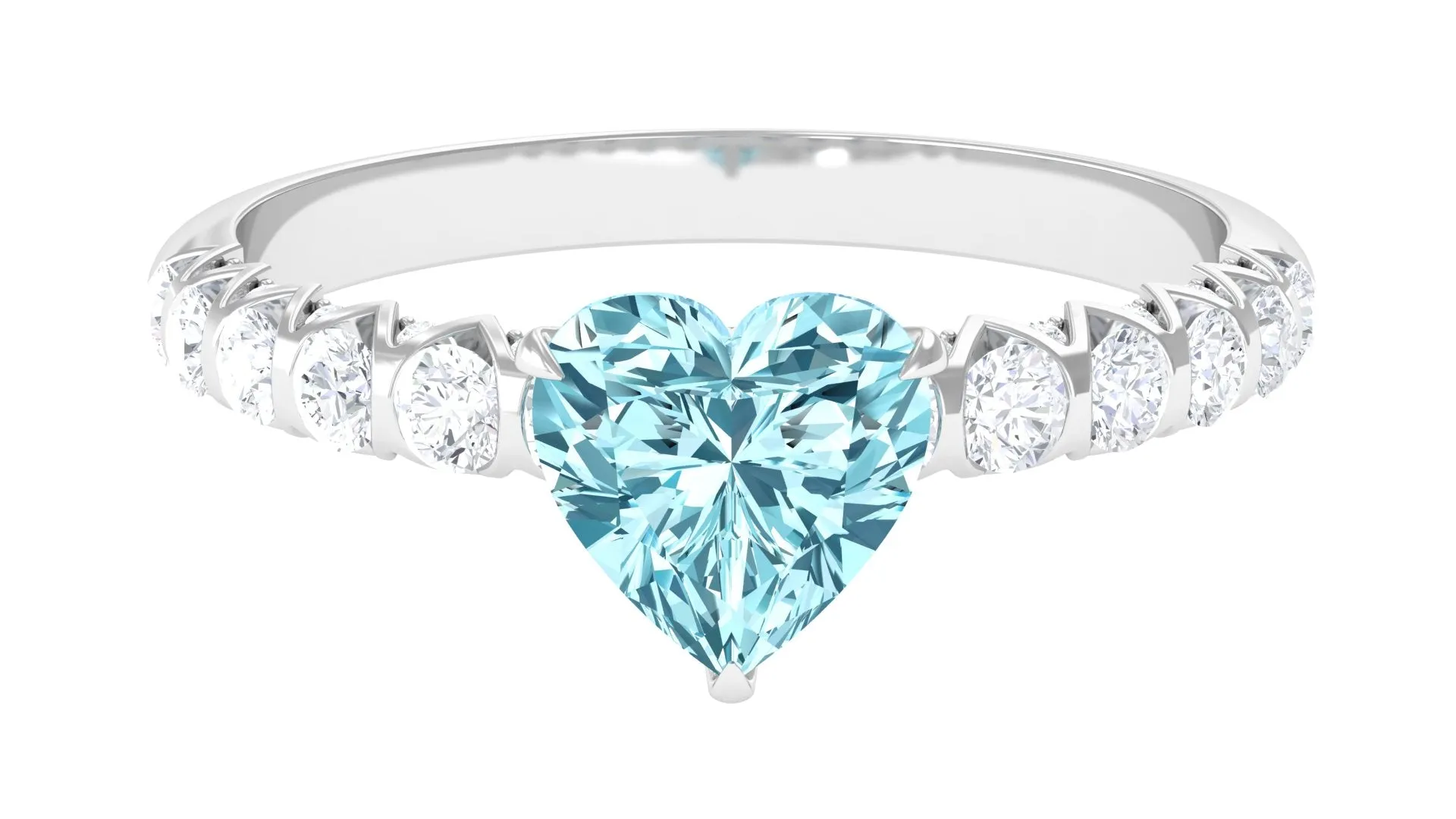 1 CT Claw Set Heart Shape Aquamarine and Diamond Engagement Ring