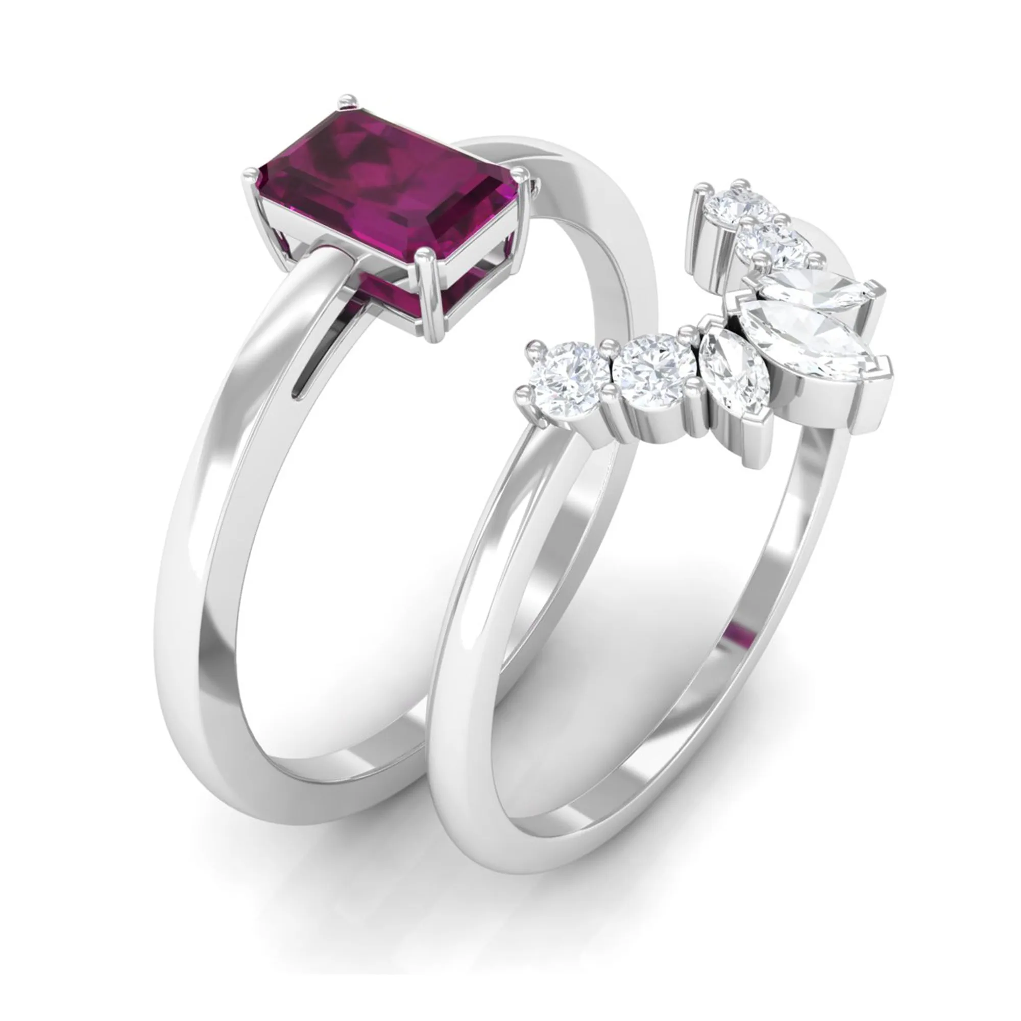 1 CT Emerald Cut Rhodolite Wedding Ring Set with Diamond