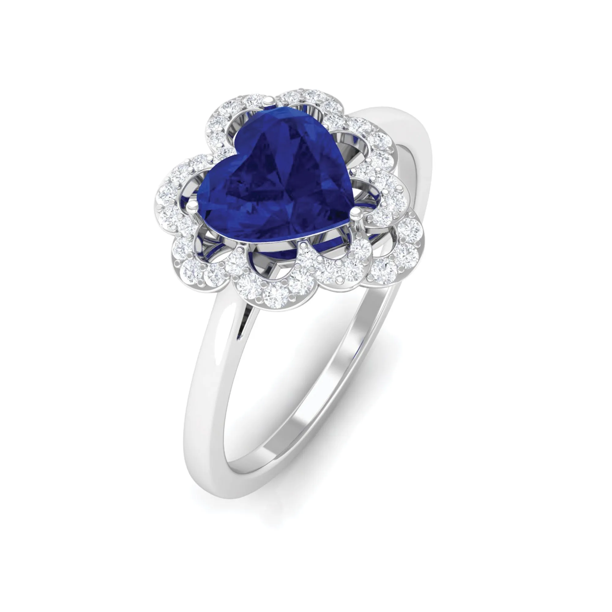 1 CT Heart Lab Created Blue Sapphire Designer Engagement Ring with Diamond