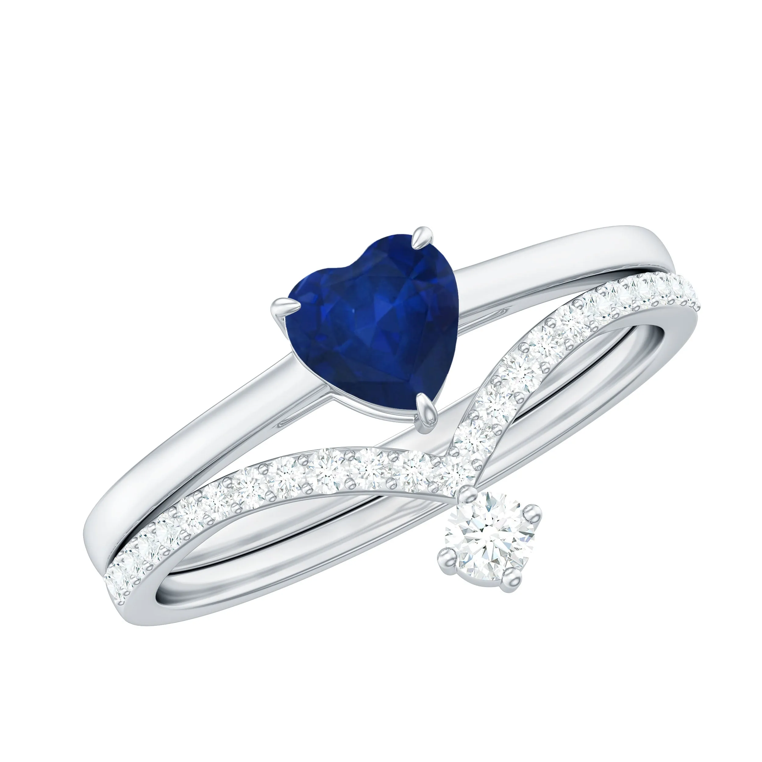 1 CT Heart Shape Blue Sapphire Solitaire Ring Set with Diamond Enhancer Band