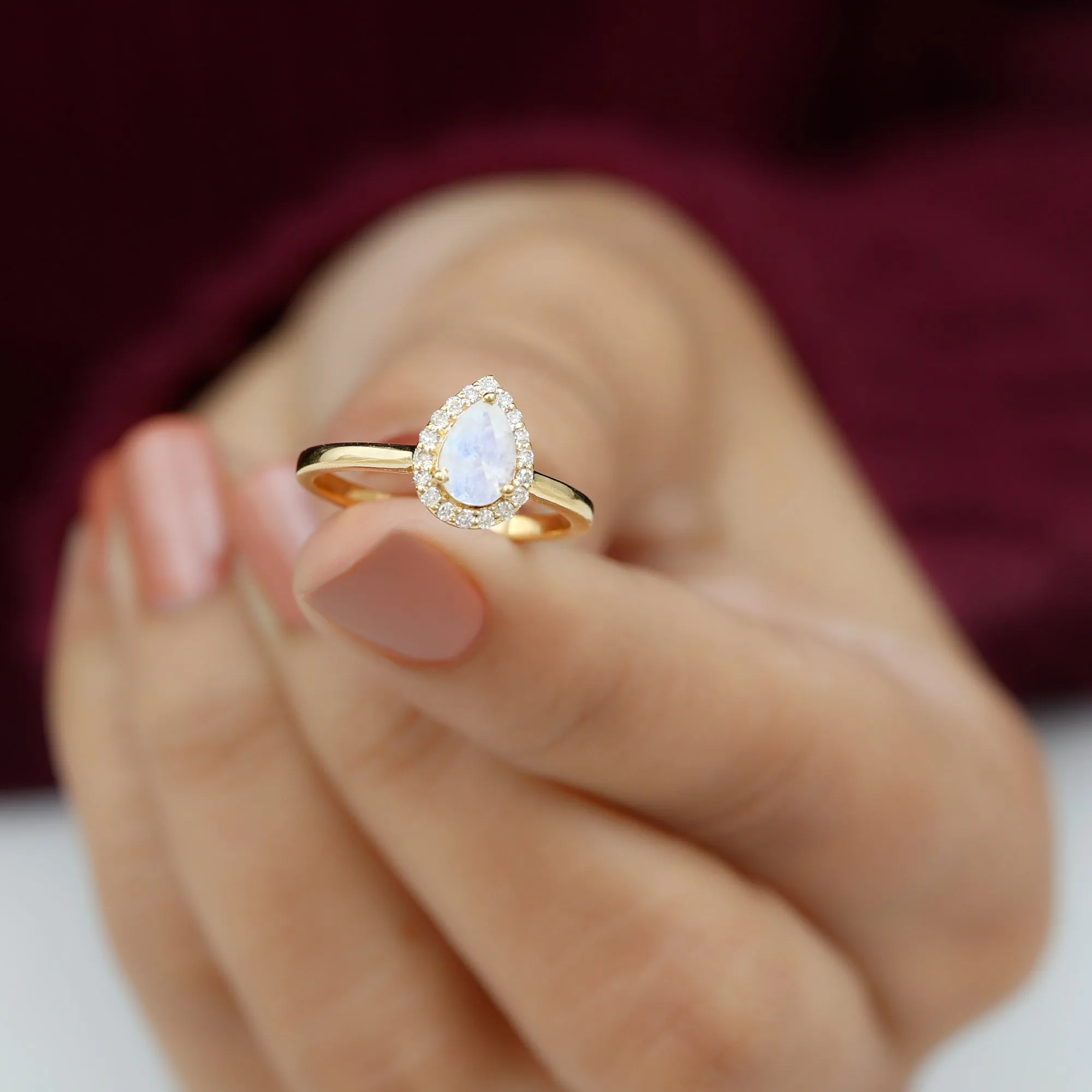 1 CT Teardrop Moonstone Ring with Diamond Accent