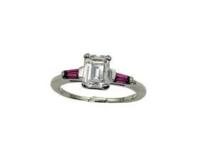 1.01 Carat Total Weight Emerald Cut Diamond Ring with Ruby Side Accents