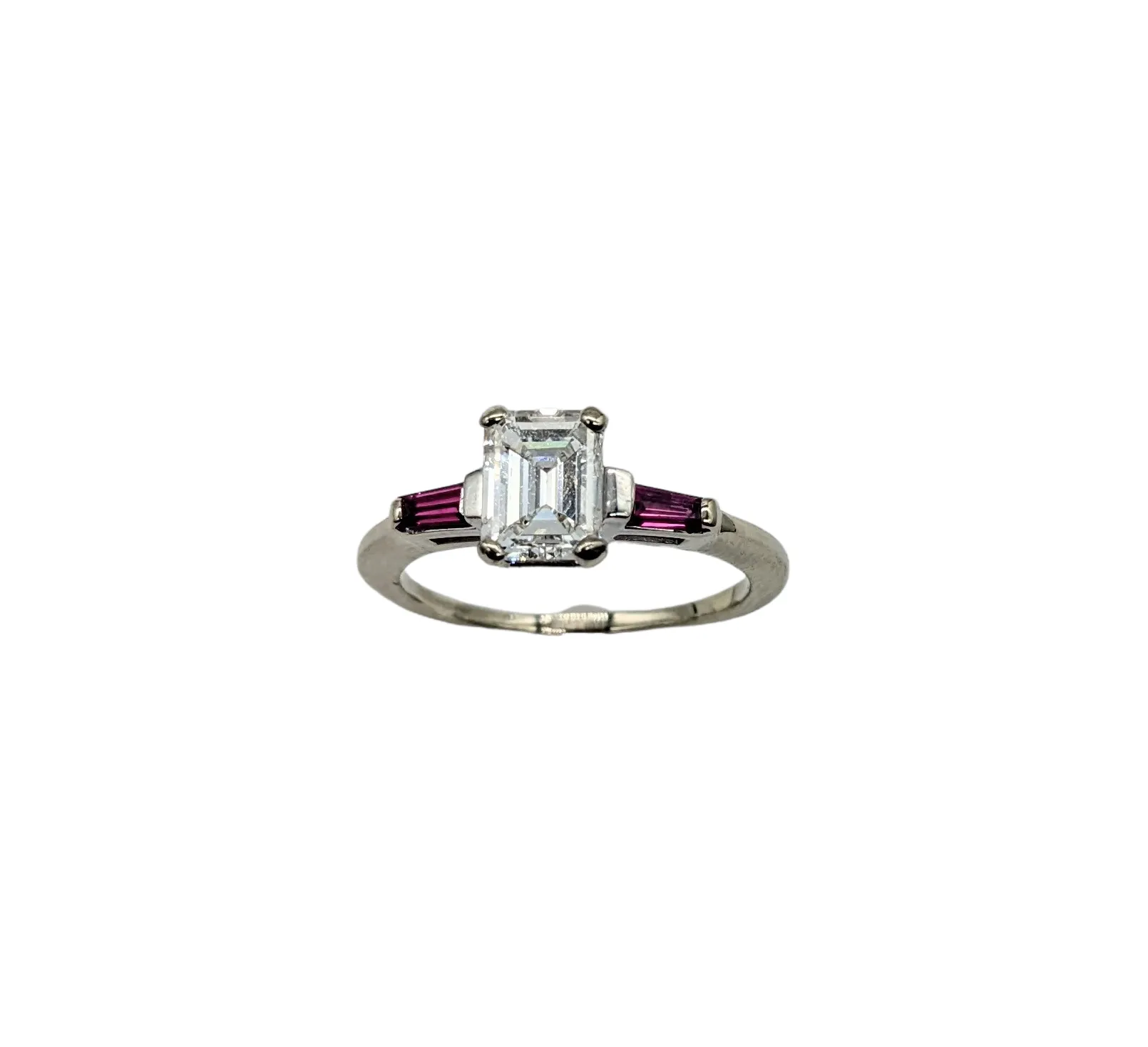 1.01 Carat Total Weight Emerald Cut Diamond Ring with Ruby Side Accents