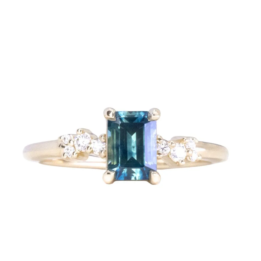 1.07ct Emerald Cut Parti Teal Montana Sapphire and Diamond Starry Night Low Profile Solitaire in 14k Yellow Gold