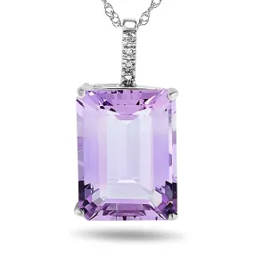 10k White Gold Large Purple Amethyst and Diamond Gemstone Pendant necklace, Birthstone of February