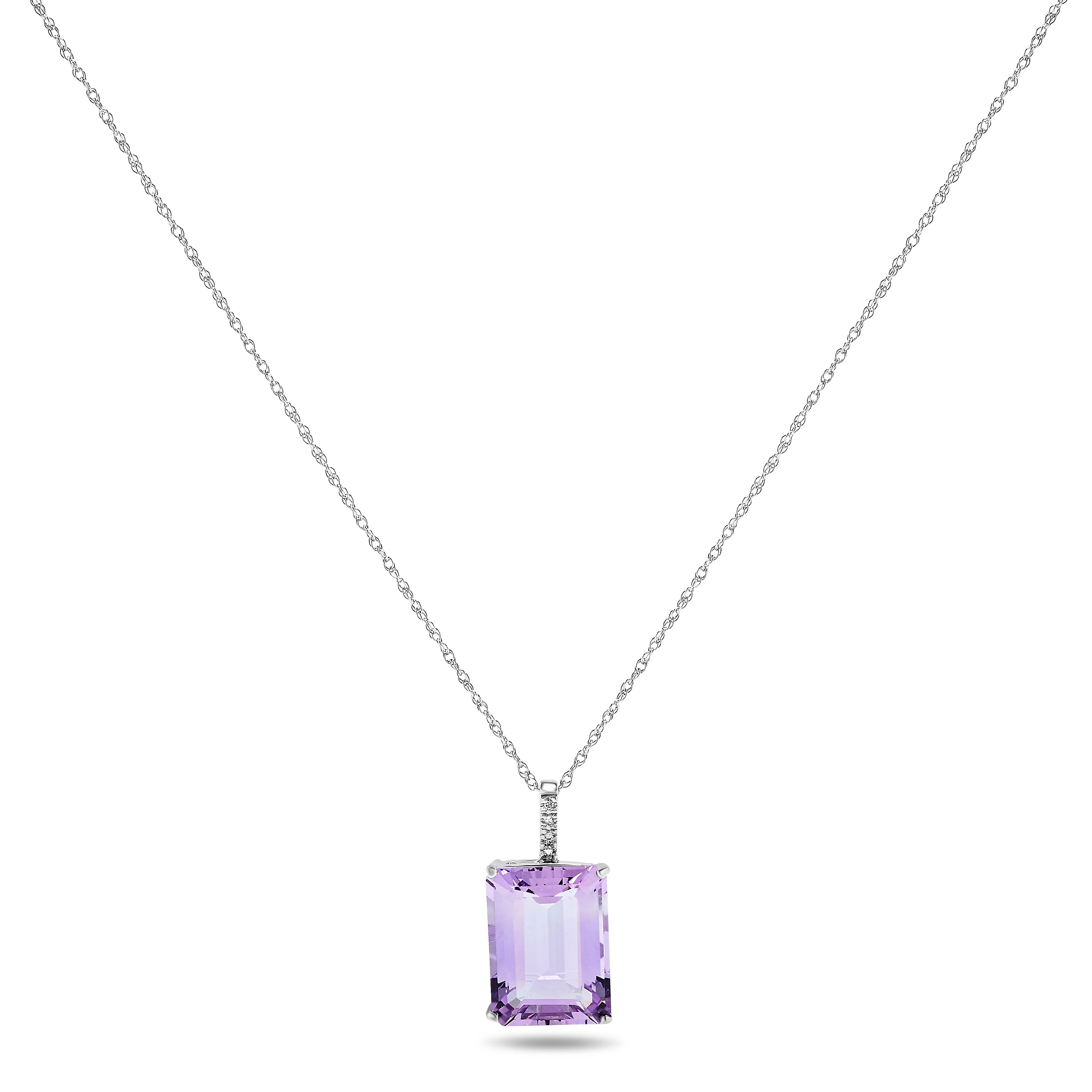 10k White Gold Large Purple Amethyst and Diamond Gemstone Pendant necklace, Birthstone of February