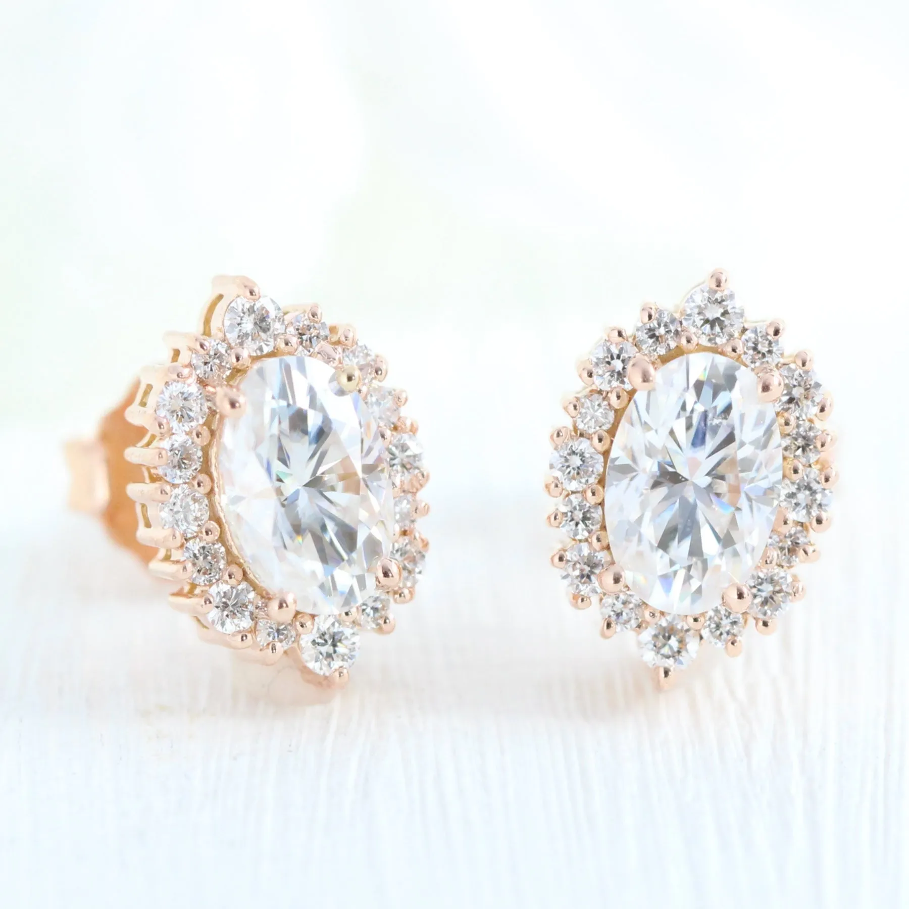 1.14 Ct. Tiara Oval Halo Earrings w/ Moissanite and Diamond in Gold Studs