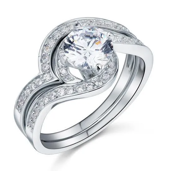 1.25 Carat Created Zirconia Bridal Engagement 2-Pcs Sterling 925 Silver Ring Set MJXFR8036