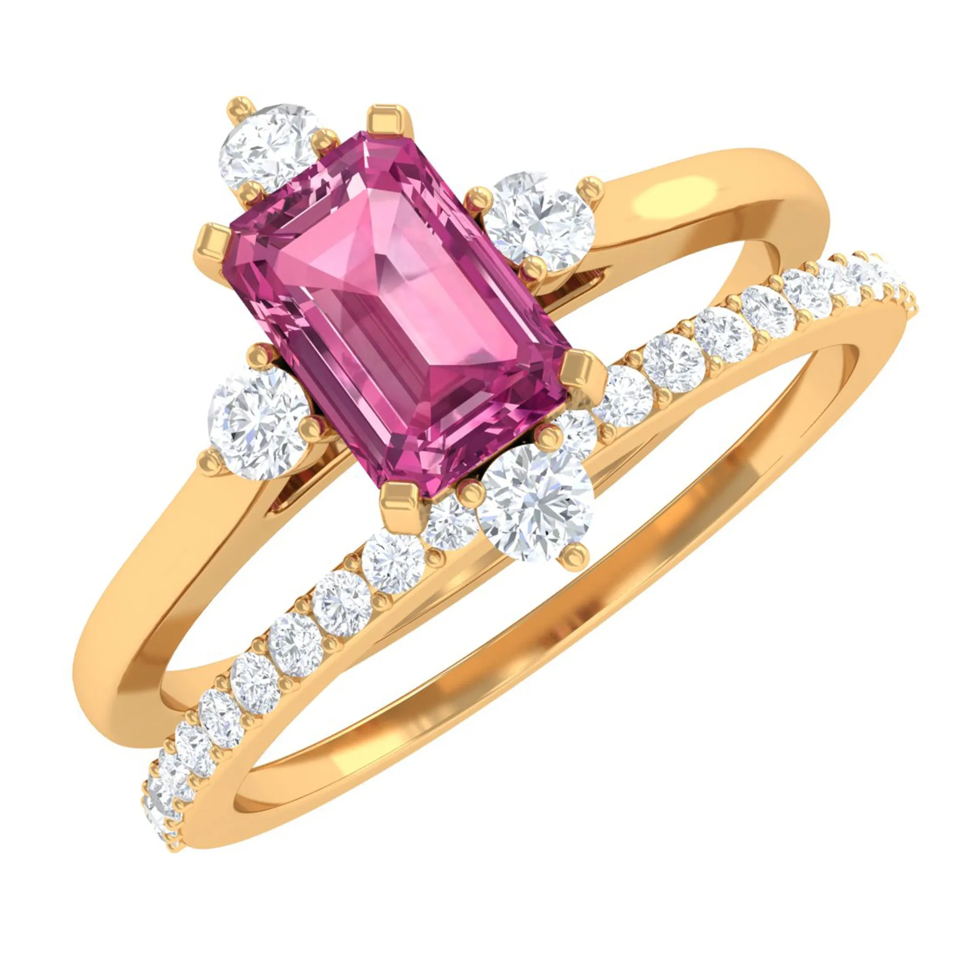 1.25 CT Real Pink Tourmaline Solitaire Ring Set with Diamond