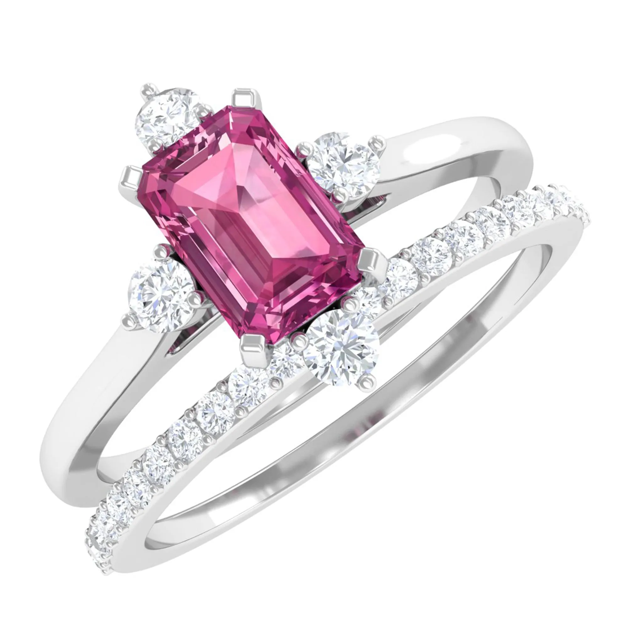 1.25 CT Real Pink Tourmaline Solitaire Ring Set with Diamond