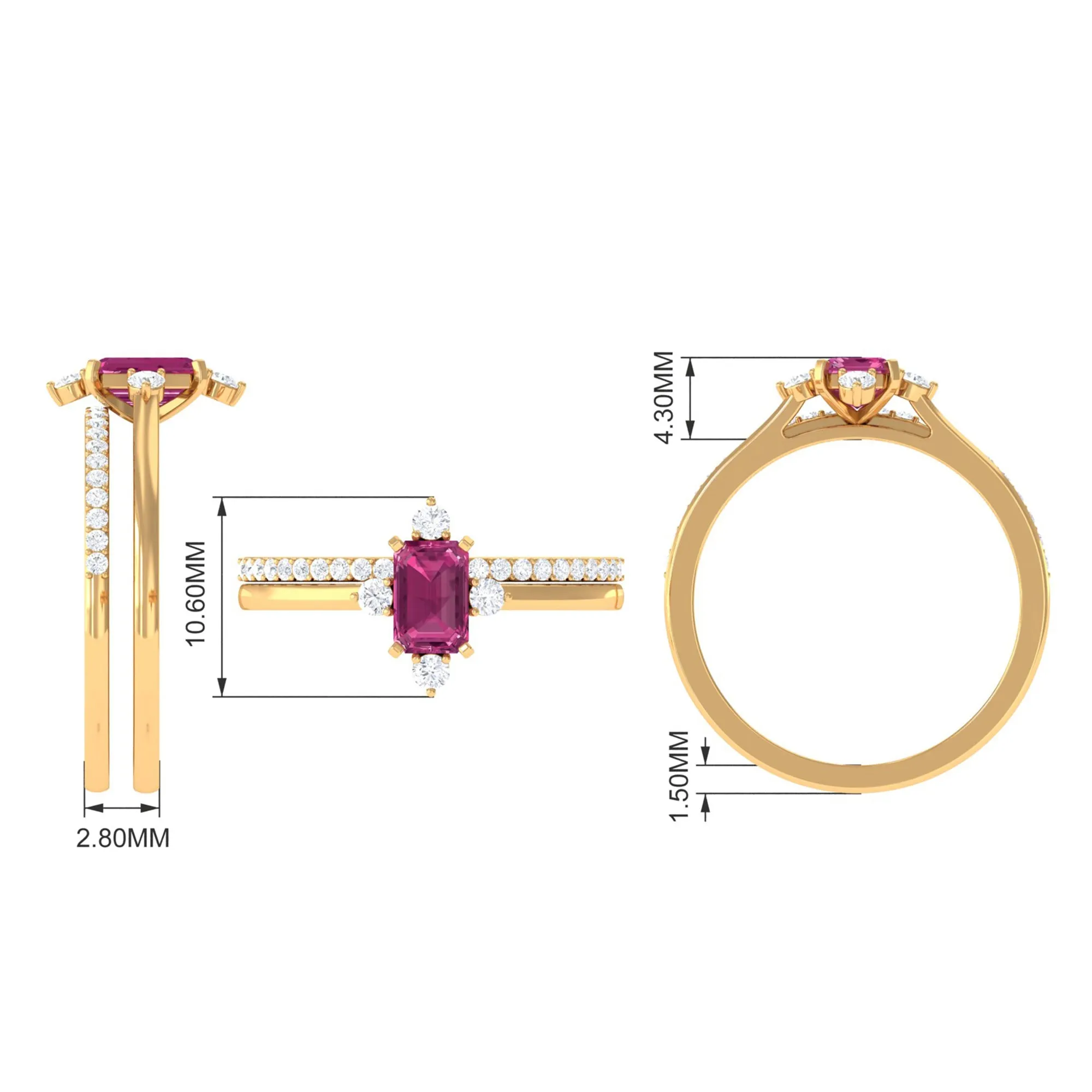 1.25 CT Real Pink Tourmaline Solitaire Ring Set with Diamond