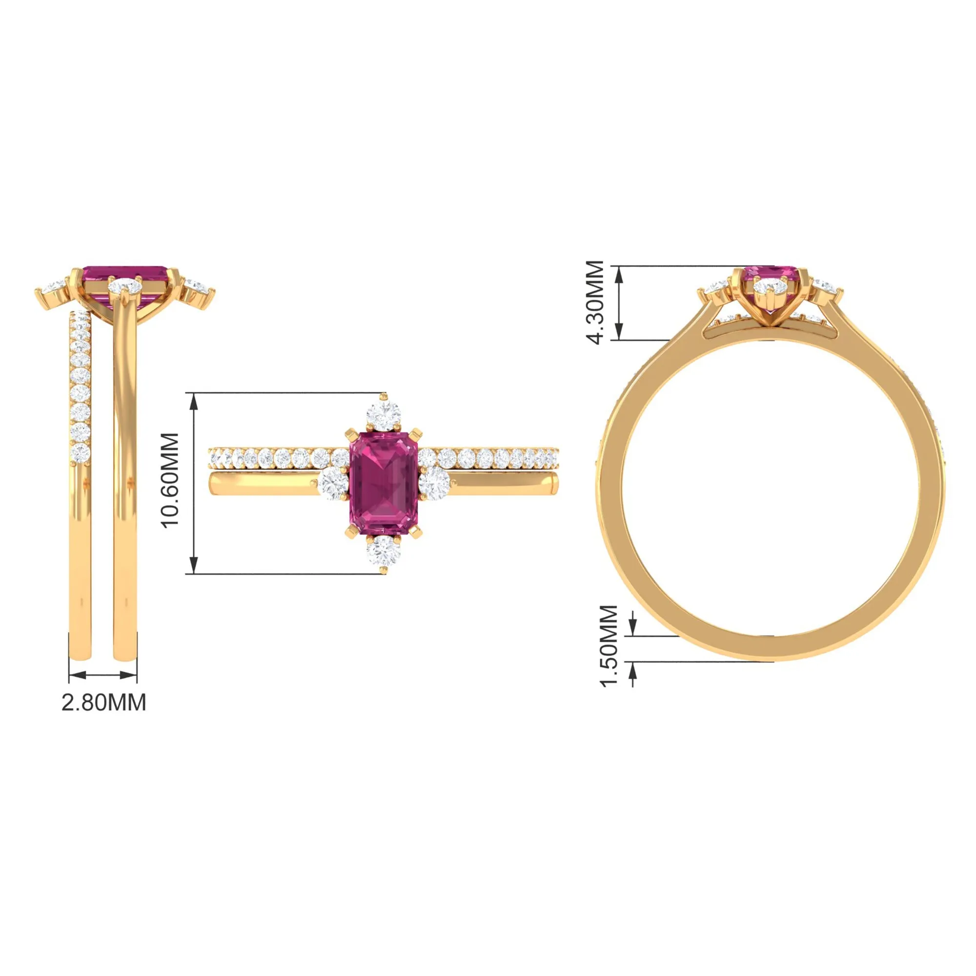 1.25 CT Real Pink Tourmaline Solitaire Ring Set with Diamond