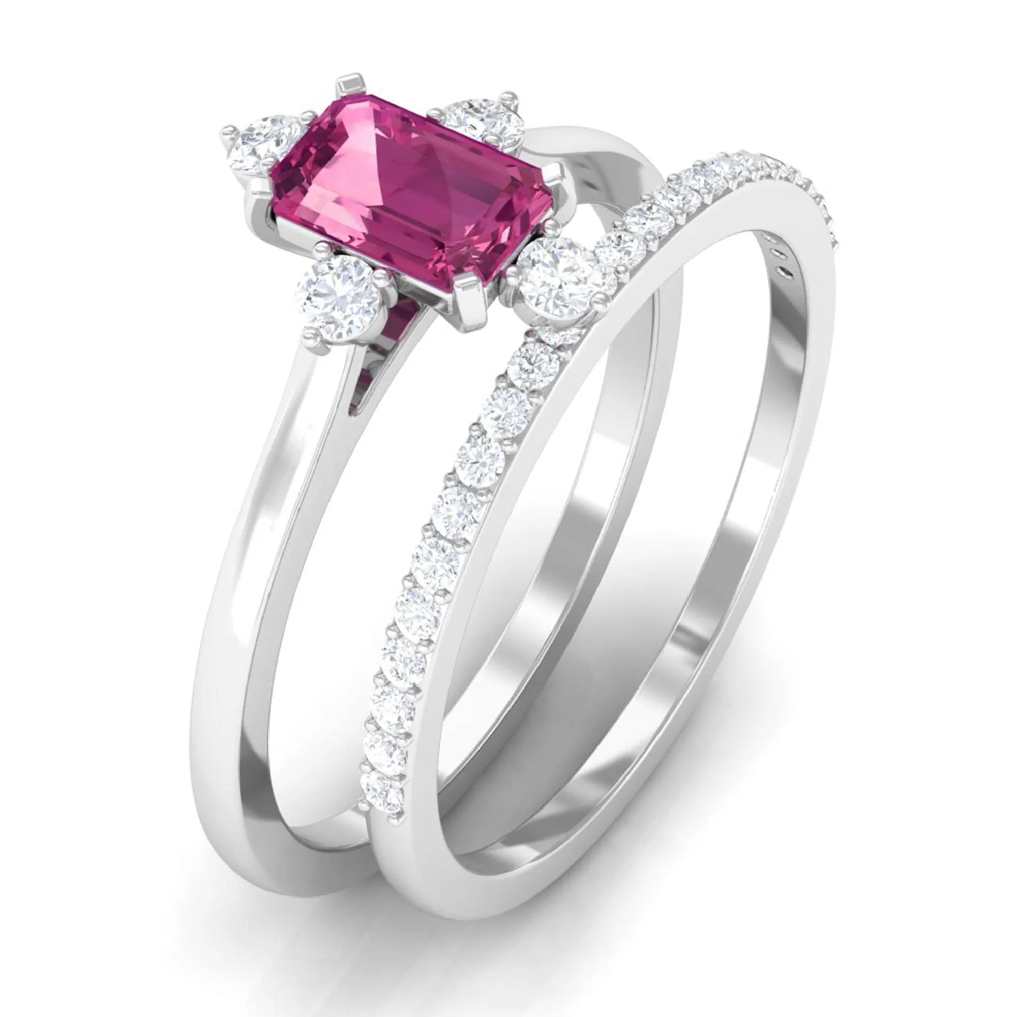 1.25 CT Real Pink Tourmaline Solitaire Ring Set with Diamond