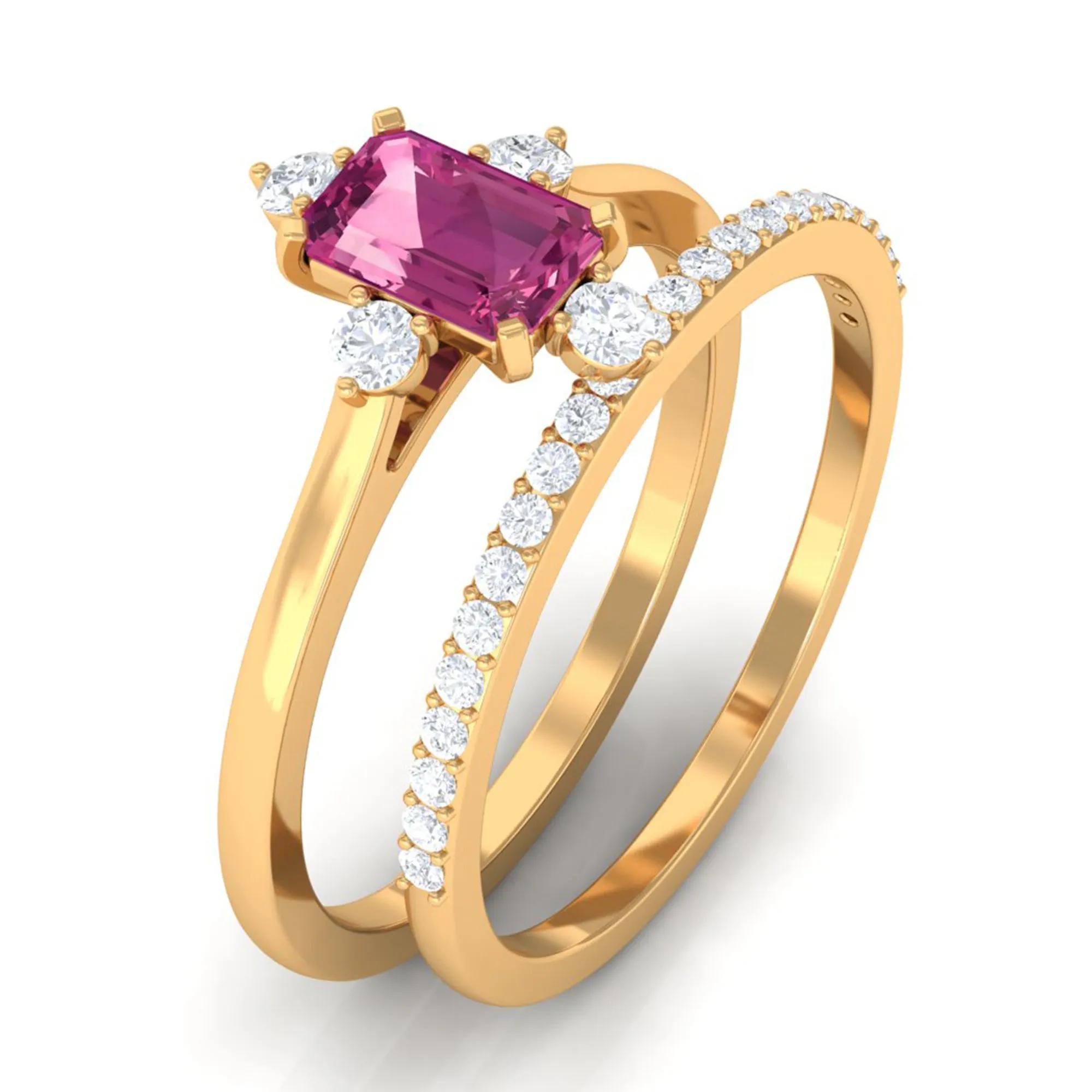 1.25 CT Real Pink Tourmaline Solitaire Ring Set with Diamond