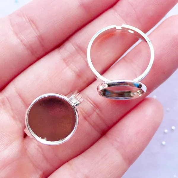 12mm Silver Ring Base with Round Bezel Tray | Adjustable Ring Blanks with Round Bezel Setting | Cameo Bezels | Cabochon Bases (2 pcs)