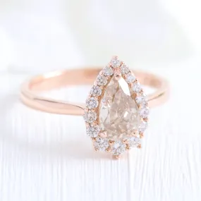 1.33 Ct Pear Champagne Diamond Ring in 14k Rose Gold Tiara Halo, Size 6.5