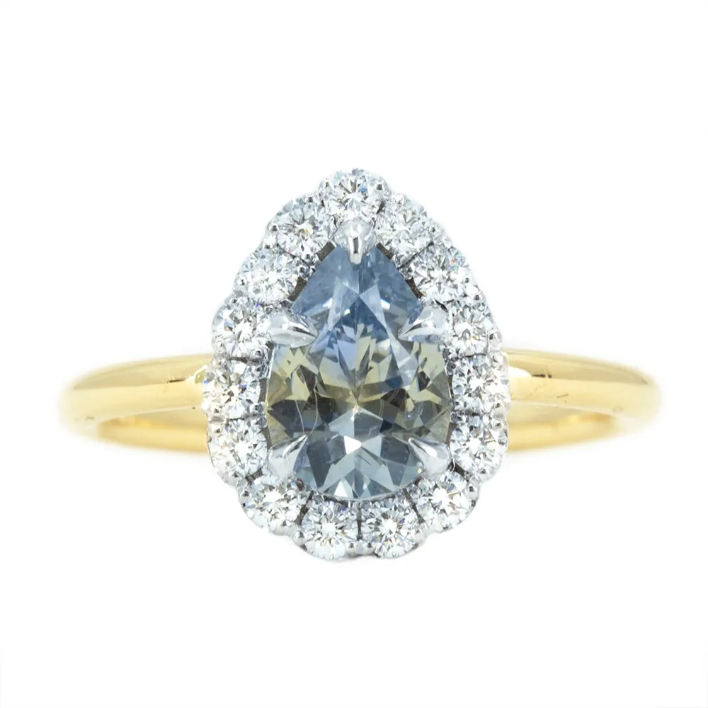 1.39ct Pear Parti Montana Sapphire and Scalloped Diamond Halo Ring In Two Tone Gold