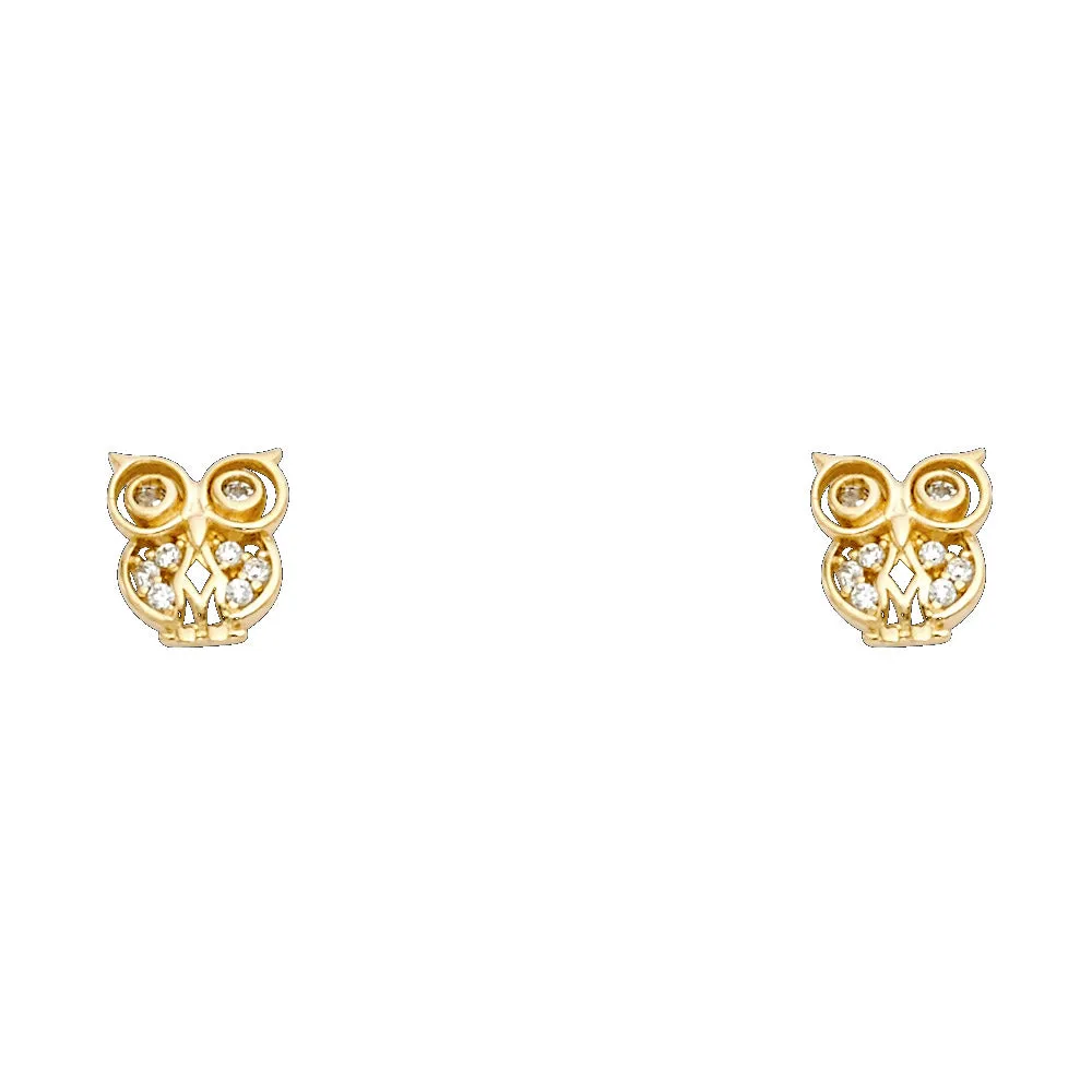 14K Gold CZ Beautiful Owl Lucky Charm Stud Earrings