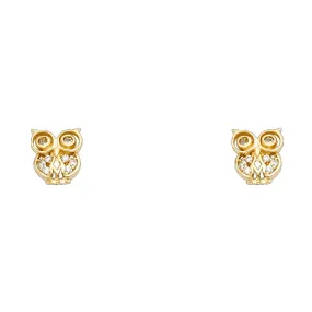 14K Gold CZ Beautiful Owl Lucky Charm Stud Earrings