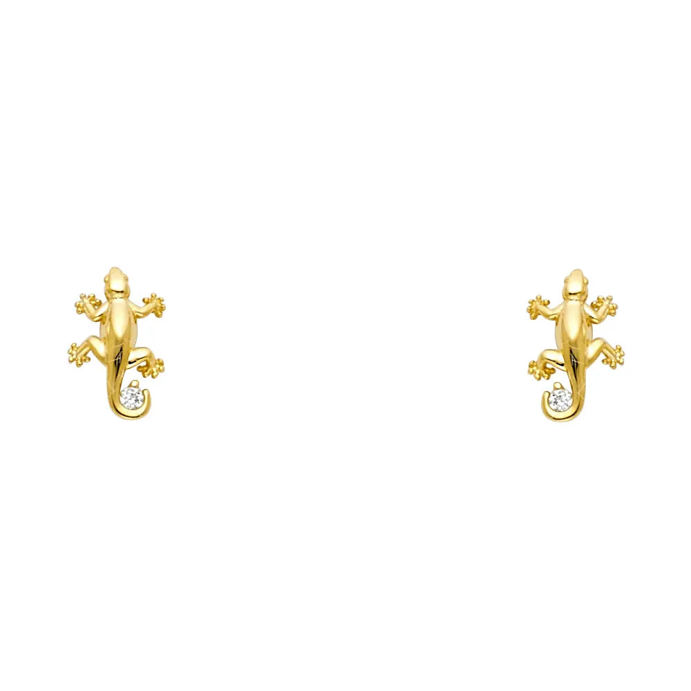 14K Gold CZ Crawling Lizard Stud Earrings