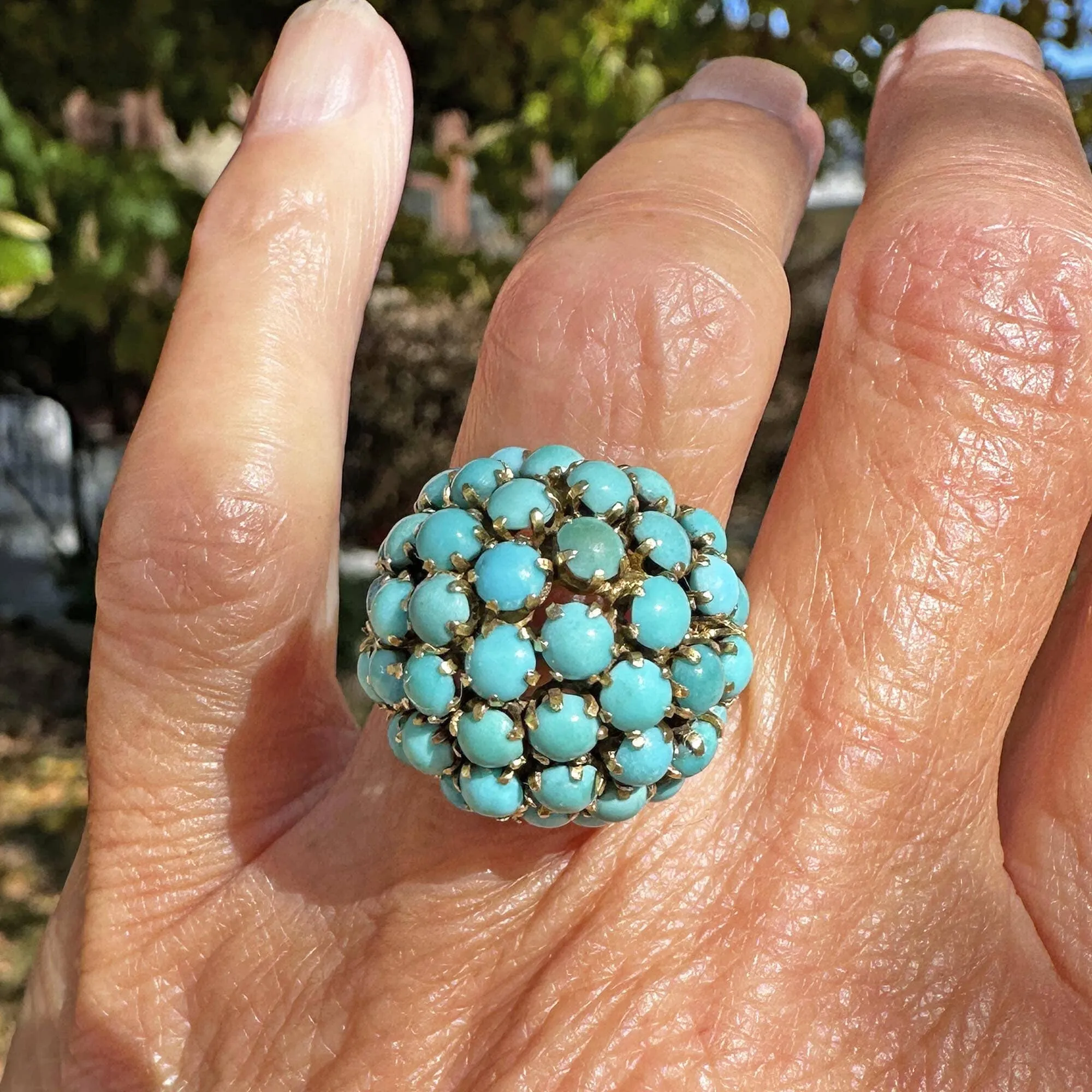 14K Gold Persian Turquoise Cluster Bombe Dome Ring