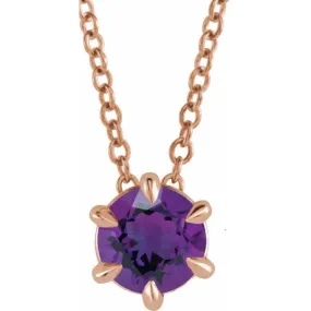 14K Rose 6 mm Natural Amethyst Solitaire 16-18" Necklace