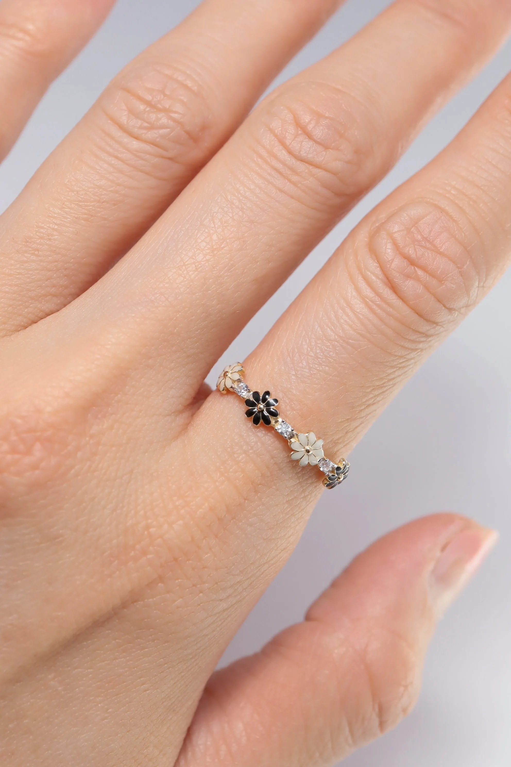 14K Solid Gold CZ Three Daisy Flower Epoxy Stackable Ring