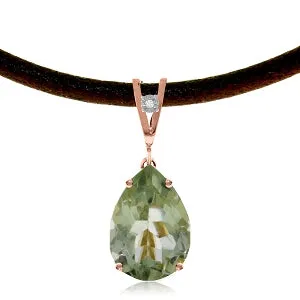 14K Solid Rose Gold & Leather Diamond/Green Amethyst Pear Cut Necklace