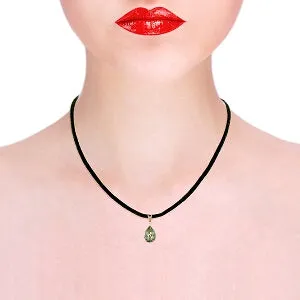 14K Solid Rose Gold & Leather Diamond/Green Amethyst Pear Cut Necklace