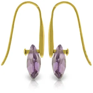 14K Solid Yellow Gold Fish Hook Earrings w/ Dangling Briolette Amethysts