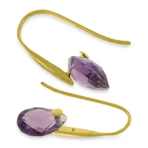 14K Solid Yellow Gold Fish Hook Earrings w/ Dangling Briolette Amethysts