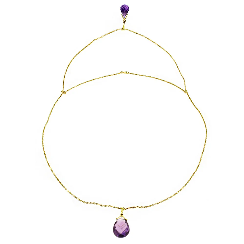 14K Solid Yellow Gold Front And Back Drop Necklace w/ Briolette Amethysts