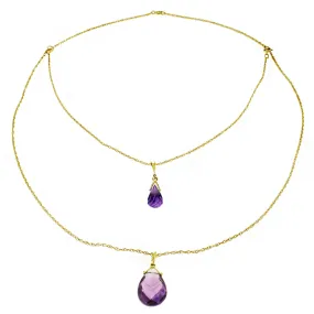 14K Solid Yellow Gold Front And Back Drop Necklace w/ Briolette Amethysts