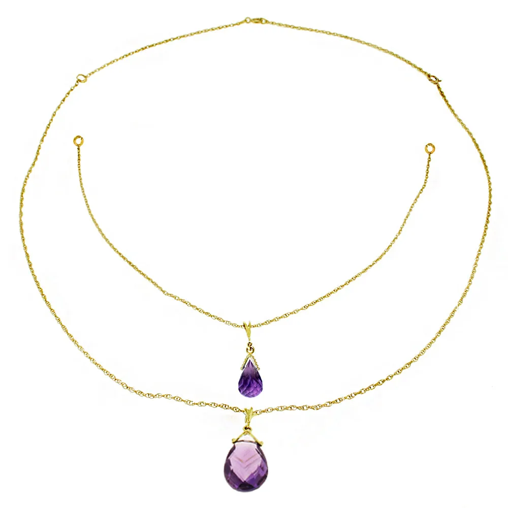 14K Solid Yellow Gold Front And Back Drop Necklace w/ Briolette Amethysts