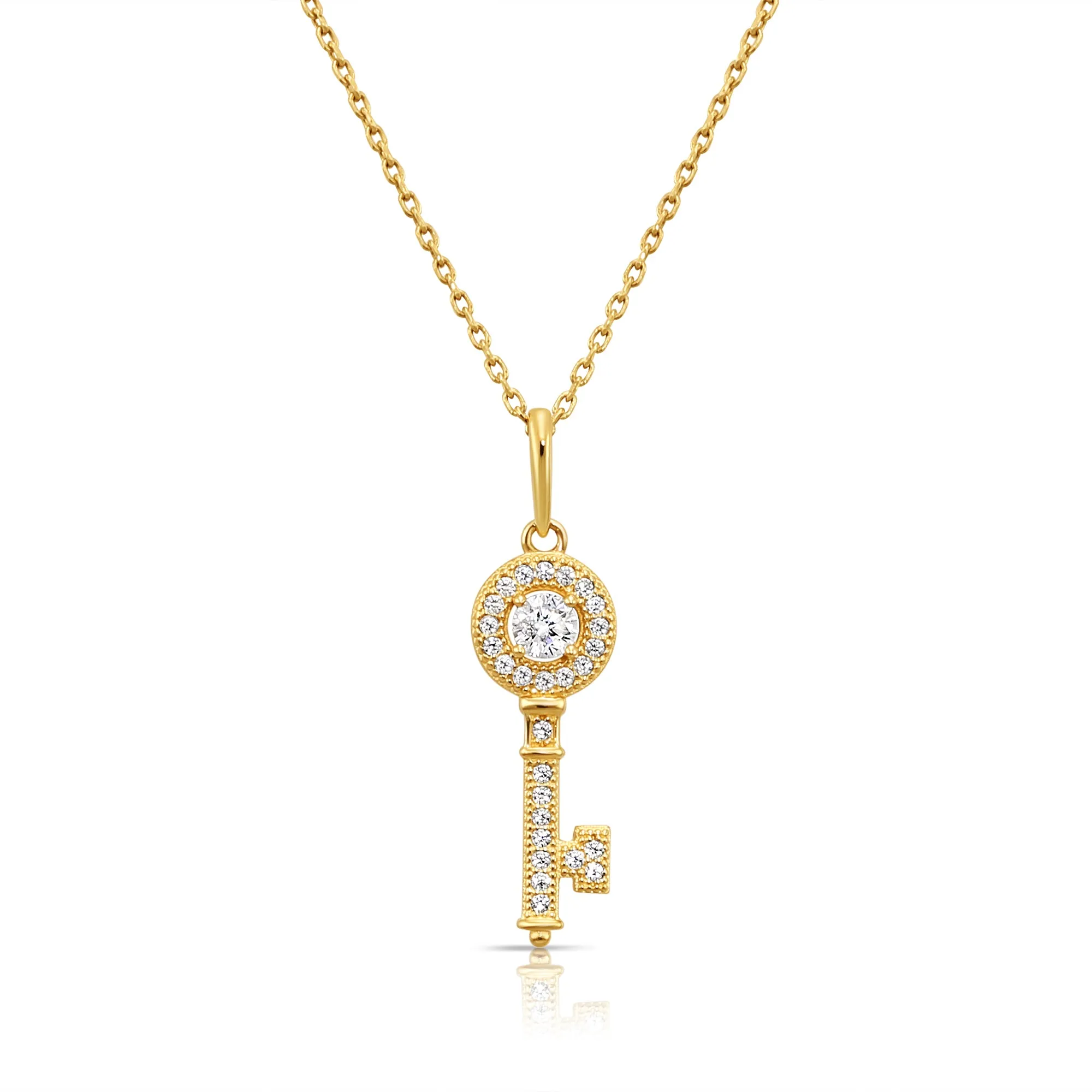 14K Solid Yellow Gold Key Pendant, With 18" Cable Chain Necklace