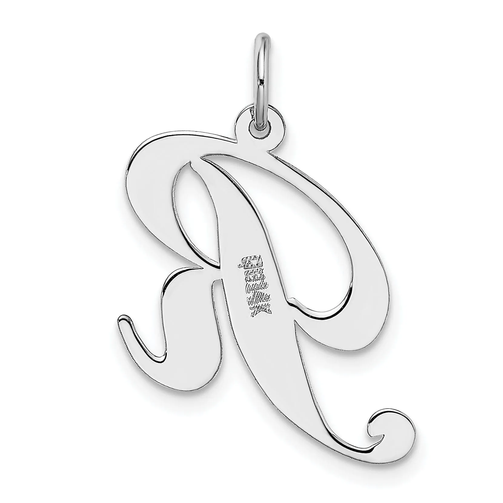 14K White Gold Large Size Fancy Script Letter R Initial Charm Pendant