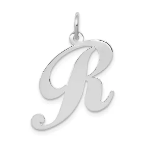 14K White Gold Large Size Fancy Script Letter R Initial Charm Pendant