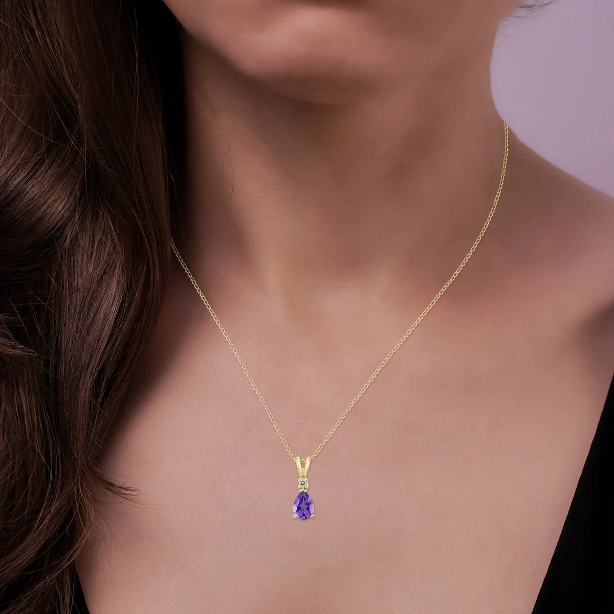 14K Yellow Gold 8X6Mm Pear Amethyst And Diamond Pendant