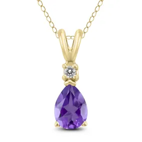 14K Yellow Gold 8X6Mm Pear Amethyst And Diamond Pendant