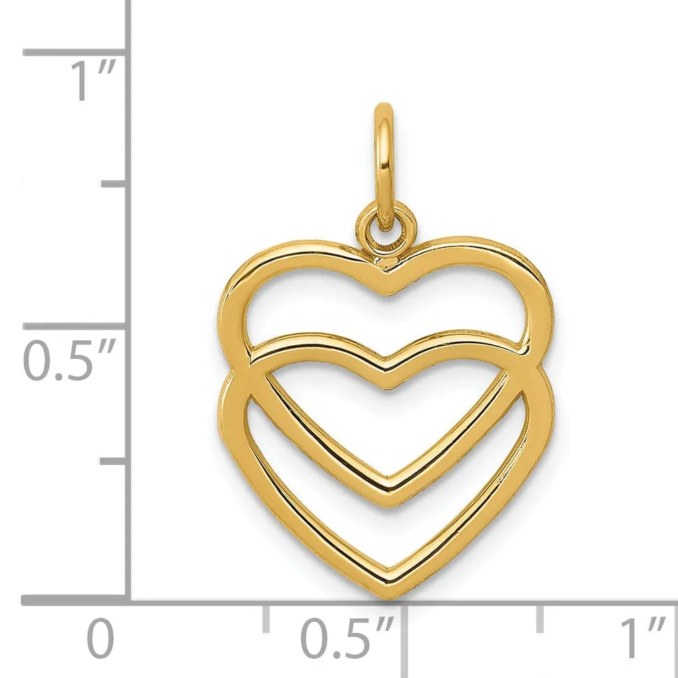 14K Yellow Gold Flat Back Polished Finish Double Heart on Heart Design Charm Pendant