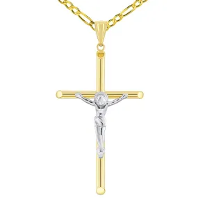 14k Yellow Gold Tubular Crucifix Two-Tone Cross Pendant with Figaro Chain Necklace