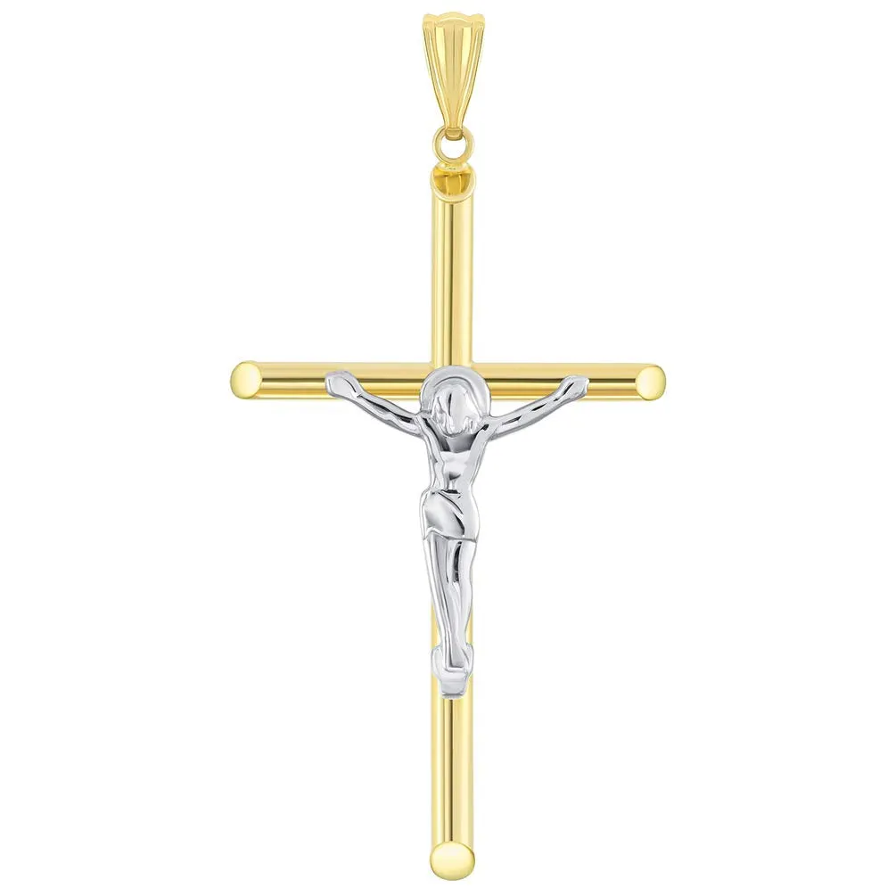 14k Yellow Gold Tubular Crucifix Two-Tone Cross Pendant with Figaro Chain Necklace