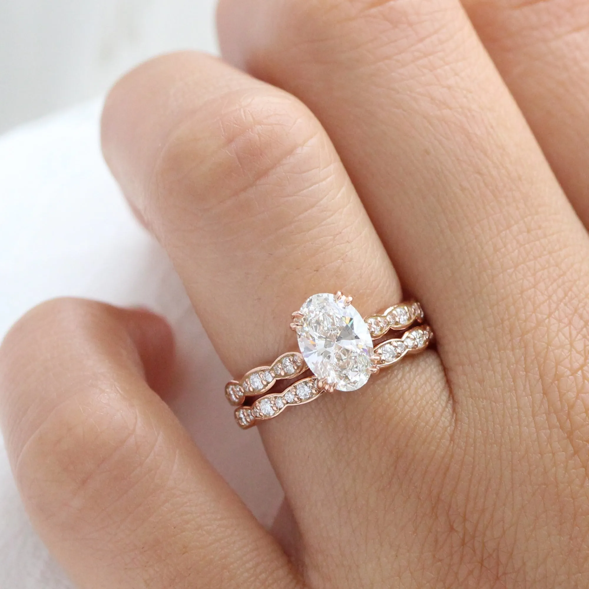 1.70 Ctw Oval Lab Diamond Ring w/ Natural Diamonds in Solitaire Scalloped Band