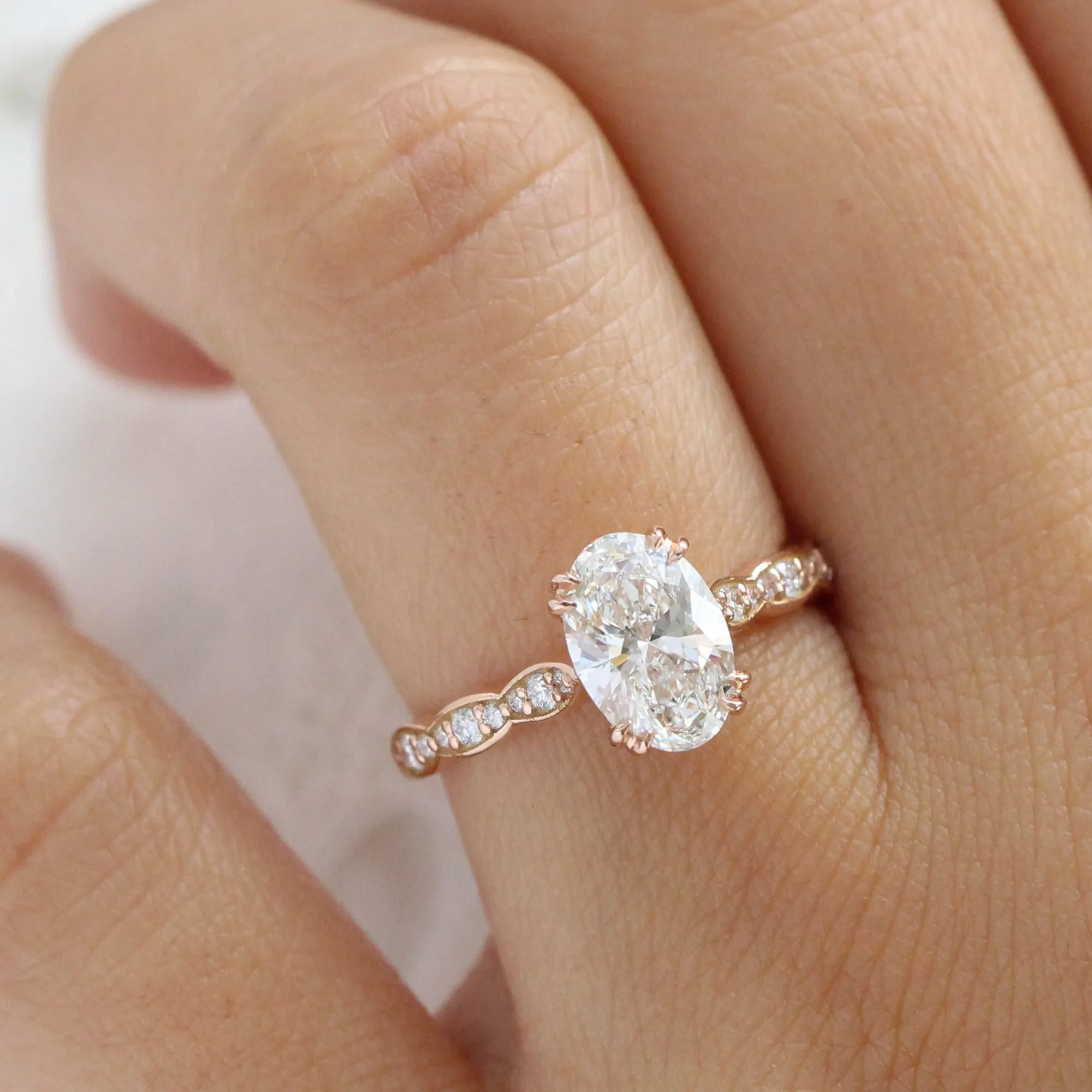 1.70 Ctw Oval Lab Diamond Ring w/ Natural Diamonds in Solitaire Scalloped Band