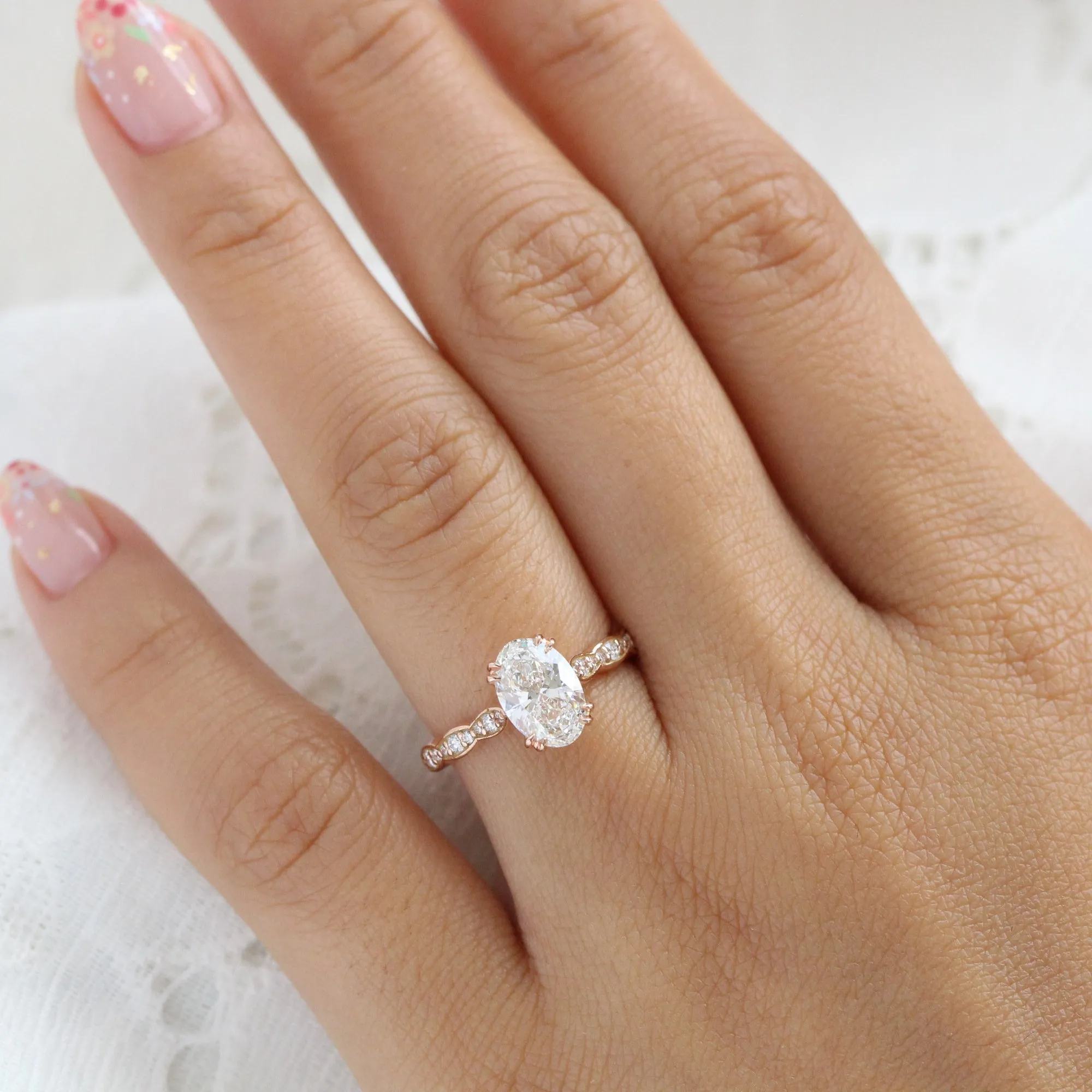 1.70 Ctw Oval Lab Diamond Ring w/ Natural Diamonds in Solitaire Scalloped Band