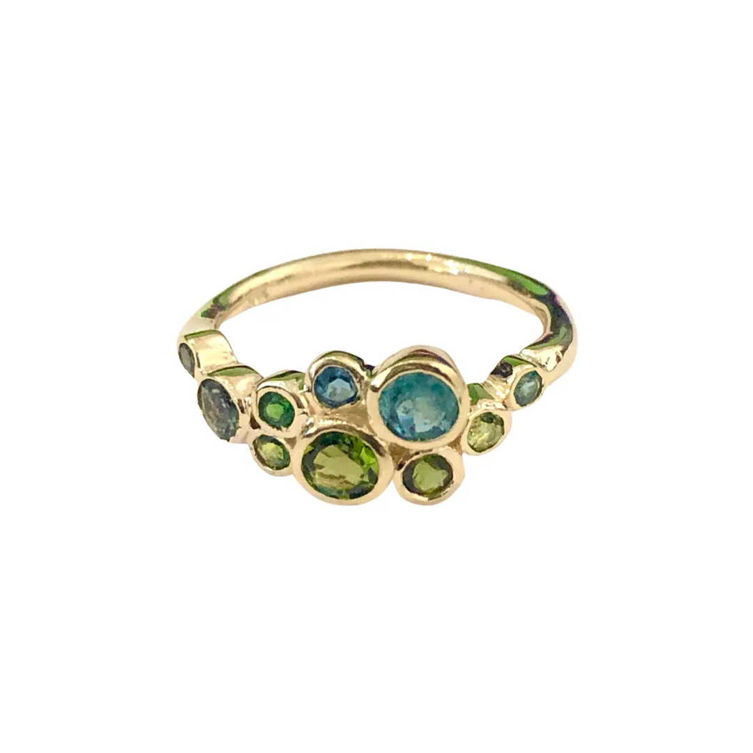 18K Yellow Gold Bezel-set Cluster Green and Blue Tourmaline Ring